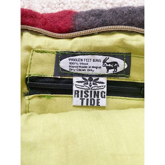 Nepal Woolen Felt Tote Handbag Green Grey Striped Lined Fall Winter Rising Tide - Picture 2 of 7